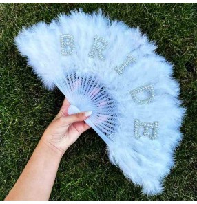 White feather fan for bridal bachelorette party Bridal feather folding fan wedding decoration fan Bride dancing fan